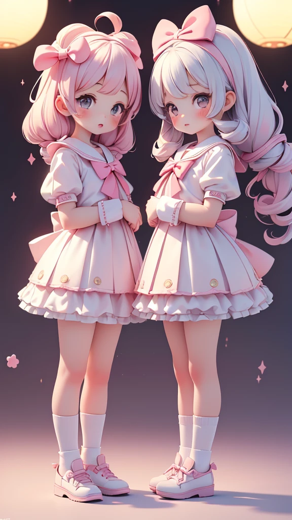 ((petite bishojo, little 2girls)), ((cute  face)), ((puffy eyes)), ((masterpiece)), ((best quality)), ((ultra detailed)), ((exquisite)), ((depth)), ((crisp)), ((8k)), ((beautiful and aesthetic)), ((super detailed skin)), ((high standard)), ((highres)), ((perfect anatomy)), (full body), (blush), (lipstick), (sun, serafuku), (socks), (bow in hair), (kawaii pose)