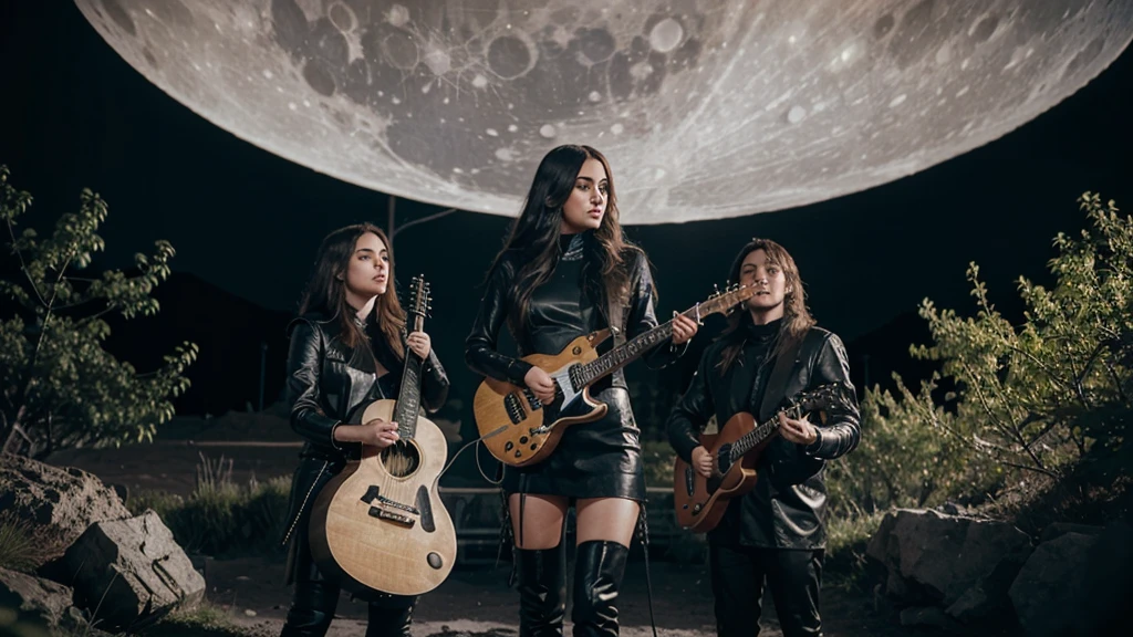 A futuristic rock band with a beautiful female singer are playing music on the moon with Earth on background