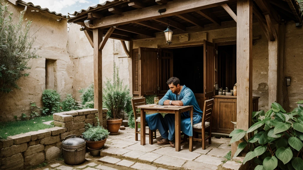 A weary traveler looking for rest and solace. The villagers welcomed him with open arms, offering him space in their courtyards and inviting him to sit at their tables.