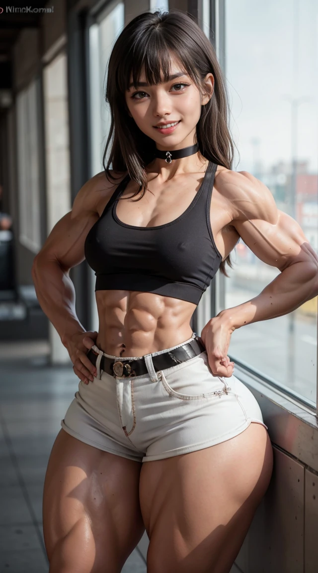 (muscular:2.2), (thick thighs:2.1),
(asian female), (big smile:1.5), (blunt bangs:1.2), (long hair), (adult),
lipstick, eyeshadow,
(hard nipples), (small breasts),
(tanktop, midriff, tight shorts, choker:1.6),
looking at viewer, (three quarter view:1.3), upper body view,
fancy gym, rim lighting, two tone lighting, dim lighting, bokeh, detailed skin, detailed eyes