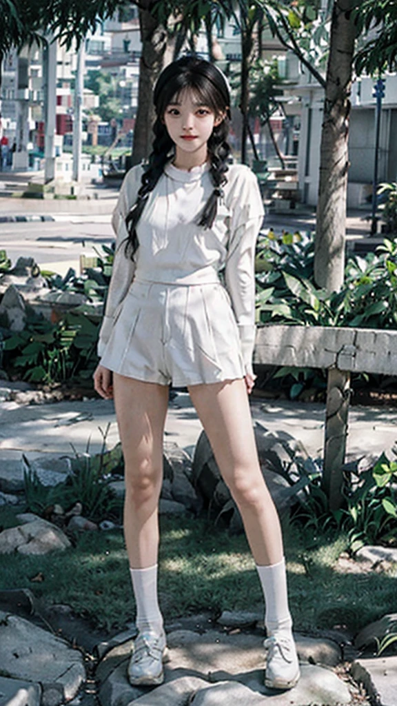 少女穿着长款White上衣,Bare legs,White运动鞋,With two braids,Calf socks,White,Close-up of a girl posing in the park,Full body close-up,Standing posture