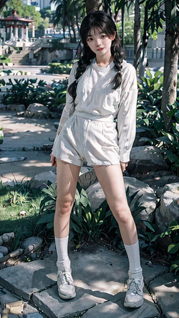 少女穿着长款White上衣，Bare legs，White运动鞋，With two braids，Calf socks，White，Close-up of a girl posing in the park，Full body close-up，Standing posture