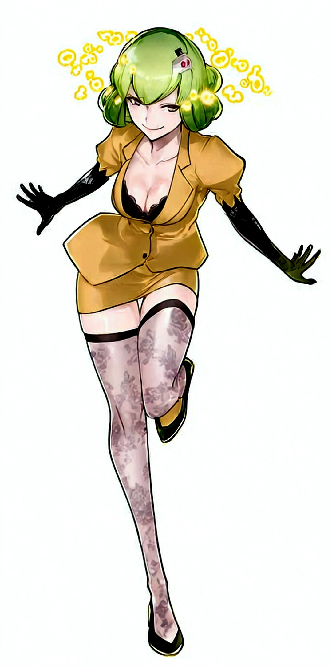 Rie kishibe (digimon),green hair, black elbow gloves, yellow blazer, yellow pencil skirt, stockings, black pumps, 1girl, solo, cleavage, evil smile