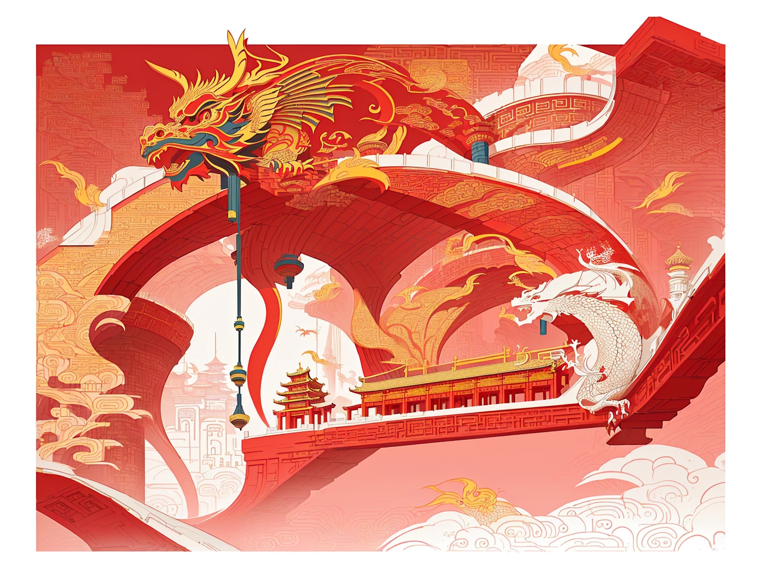 Vector illustration, an architecture of various cities in China, with red and yellow as the main hue, first-tier cities, with Chinese architecture as the inspiration of pattern lines, graphic design poster art, bold lines, smooth lines, classic patterns and themes, hand-painted illustration, detailed architectural design, white background, do not dragon