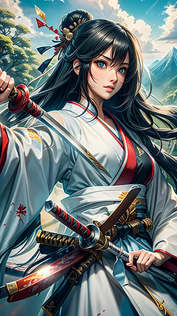 (woman swordswoman、Hold the sword、Iai-no-I、Japanese Katana Sword)(Masterpiece 1.4, Best Quality 1.4),1girl, (Detailed skin, Detailed and Beautiful Face 1.4), Bow, Long hair, A dark-haired , Hair fluttering in the wind, White and blue kimono, Blood-stained kimono, Sandals, Official art, Good composition, Official Pose, detailed portrait, Clouds and mountains background, Samurai, High resolution, Dramatic lighting and shadows, snow escape, In the front of waterfall in the forest.