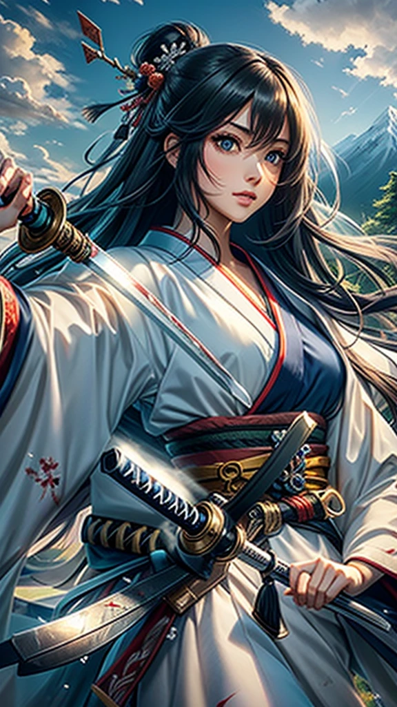 (woman swordswoman、Hold the sword、Iai-no-I、Japanese Katana Sword)(Masterpiece 1.4, Best Quality 1.4),1girl, (Detailed skin, Detailed and Beautiful Face 1.4), Bow, Long hair, A dark-haired , Hair fluttering in the wind, White and blue kimono, Blood-stained kimono, Sandals, Official art, Good composition, Official Pose, detailed portrait, Clouds and mountains background, Samurai, High resolution, Dramatic lighting and shadows, snow escape, In the front of waterfall in the forest.