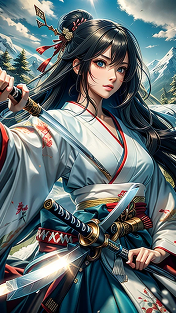 (woman swordswoman、Hold the sword、Iai-no-I、Japanese Katana Sword)(Masterpiece 1.4, Best Quality 1.4),1girl, (Detailed skin, Detailed and Beautiful Face 1.4), Bow, Long hair, A dark-haired , Hair fluttering in the wind, White and blue kimono, Blood-stained kimono, Sandals, Official art, Good composition, Official Pose, detailed portrait, Clouds and mountains background, Samurai, High resolution, Dramatic lighting and shadows, snow escape, In the front of waterfall in the forest.
