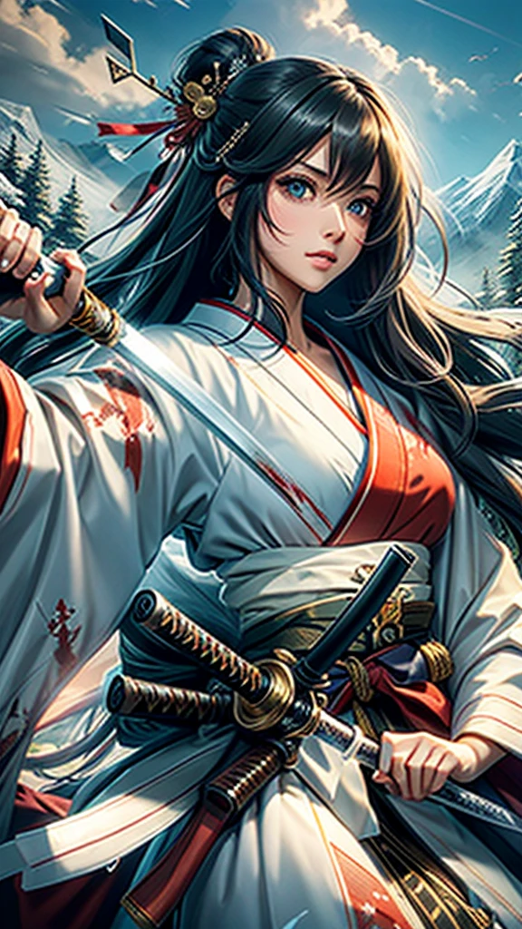 (woman swordswoman、Hold the sword、Iai-no-I、Japanese Katana Sword)(Masterpiece 1.4, Best Quality 1.4),1girl, (Detailed skin, Detailed and Beautiful Face 1.4), Bow, Long hair, A dark-haired , Hair fluttering in the wind, White and blue kimono, Blood-stained kimono, Sandals, Official art, Good composition, Official Pose, detailed portrait, Clouds and mountains background, Samurai, High resolution, Dramatic lighting and shadows, snow escape, In the front of waterfall in the forest.