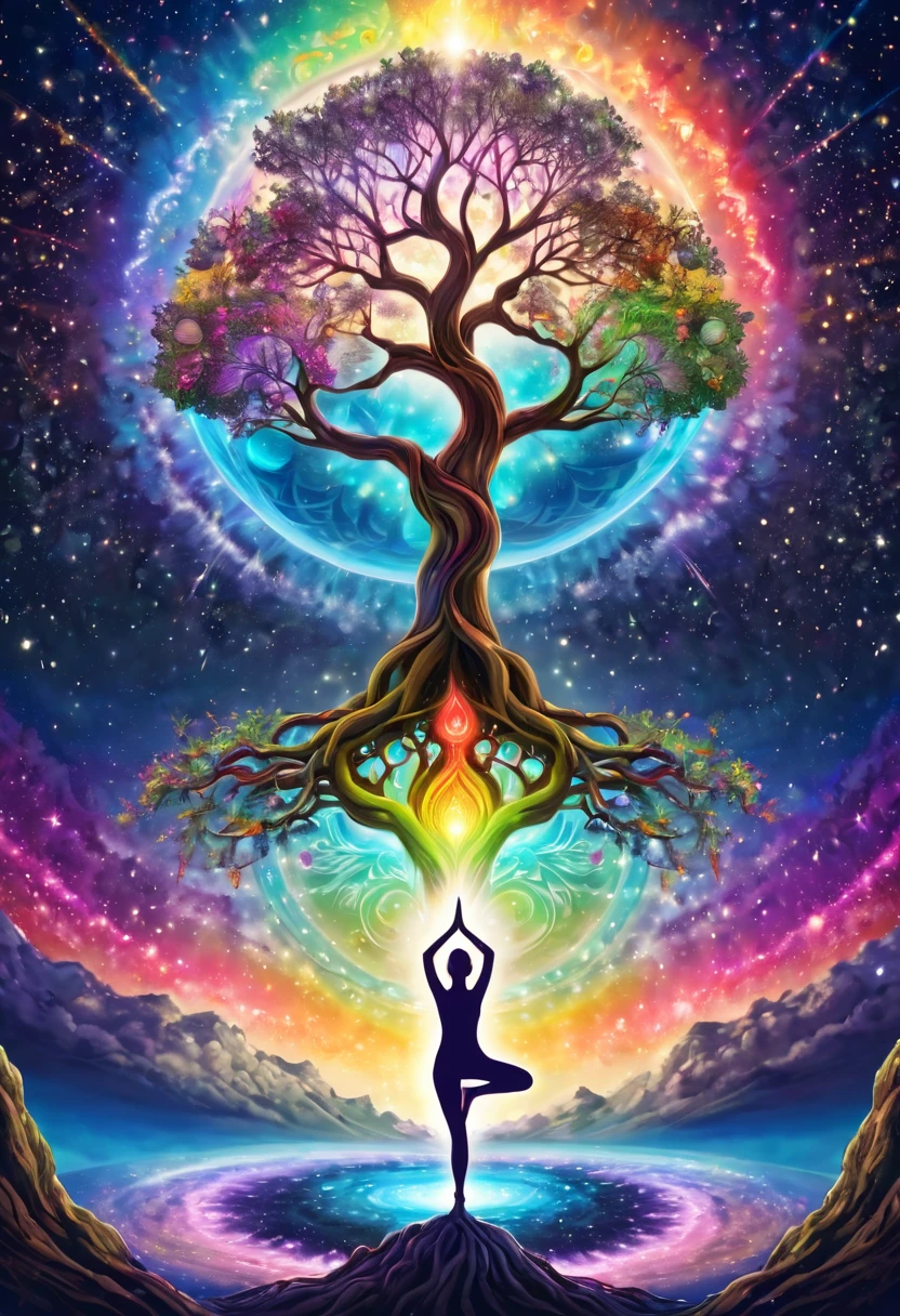 Woman doing yoga, her legs are the roots of a tree, the roots of the tree are connected to the center of the earth, the first chakra, mandala, above the earth, mystical world, plants, shooting stars, pastel rainbow colors Light of