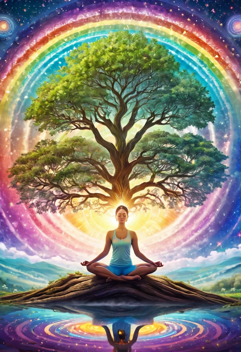 Woman doing yoga, her legs are the roots of a tree, the roots of the tree are connected to the center of the earth, the first chakra, mandala, above the earth, mystical world, plants, shooting stars, pastel rainbow colors Light of