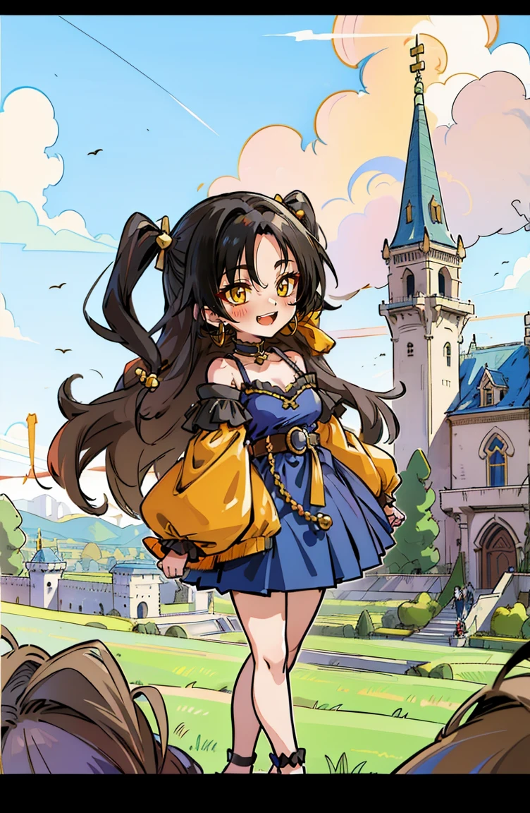 (masterpiece:1.2), (high quality:1.2), (hui xiyi:0.75), rekkyo sensen, rekkyou sensen, (chibi girls:1.45), solo focus, girls with((black hair, tits cleavage, exposed breasts, breasts close up, dress, blue clothes, ribbon belt, off-shoulder sleeves, long sleeves, furry jacket, frills shirt, frills camisole, straps, (rosary choker, golden rosary, cross:1.05), left legwear, high heels, shoes, (long wavy hair, one side up:1.4))), background with ((architecture, blue sky, building, bush, castle, village, no humans, cloud, cloudy sky, day, fence, field, garden, grass, hill, house, lamppost, landscape, mountain, mountainous horizon, nature, no humans, outdoors, scenery, shrine, sky, tower)), cowboy shot, anime, anime style