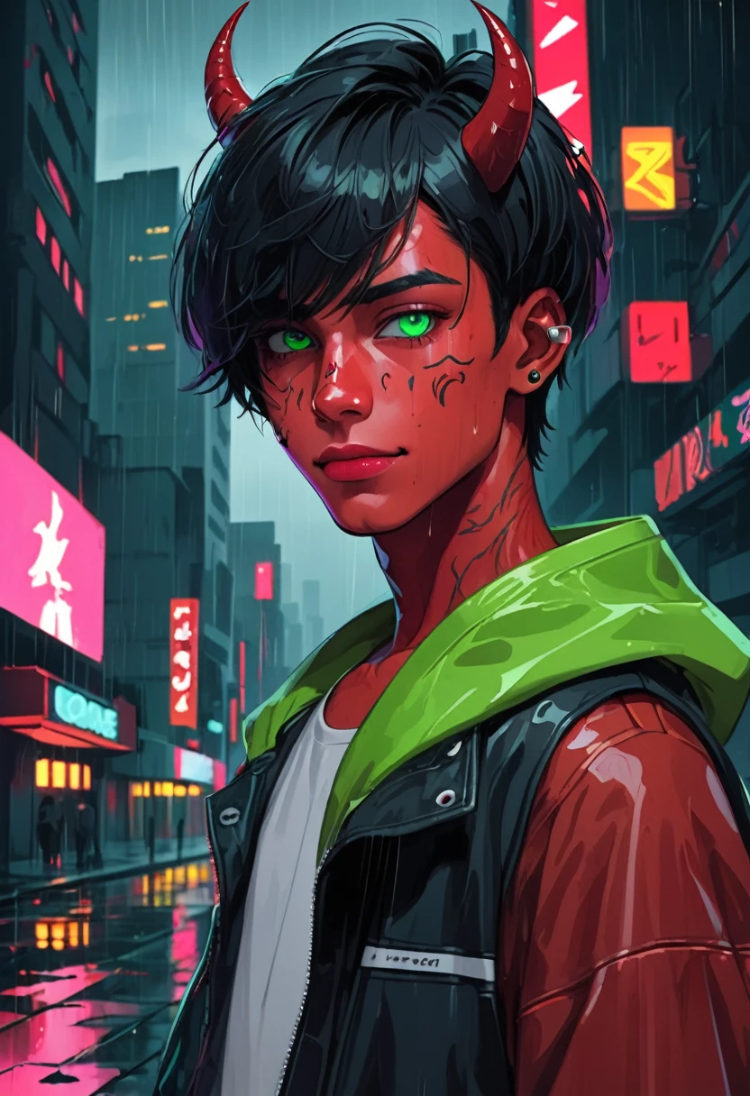 (masterpiece, beautiful, high resolution), illustration, 1 boy, Solitary, (((Cartoon Style: 1))), (Western Cartoons), Horned demon boy, portrait, Smile, Black anime short hair, Lovely, Pink lips, Red Eyess, young people, Cyberpunk Streetwear, Rainy sky, city View, Red skin, Looking at the audience, Vibrant colors, daytime, ((front: 3)), Shut up, Thick lines: 0.6, Red Eyes, Green Eyes, smug, Slender eyes
