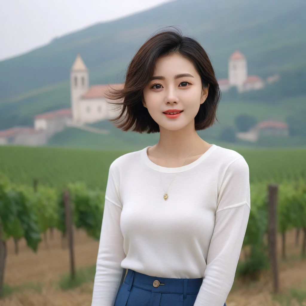 k Best picture quality, Beautiful 36-year-old Korean woman, You have good skin and big and pretty eyes... clear and nice weather. Chest size 34 inches, italian countryside, past the vineyard, A cathedral can be seen in the fog in the distance.., The back background is realistic and vivid quality., Short and medium hair blowing in the wind, Wearing a white shirt under a knit that covers your luxurious chest. casual pants, laugh. the background is clear, Short and slim Korean woman, stand far away, Photo taken with a wide-angle lens, One woman with big and pretty eyes, eyes are round and big.