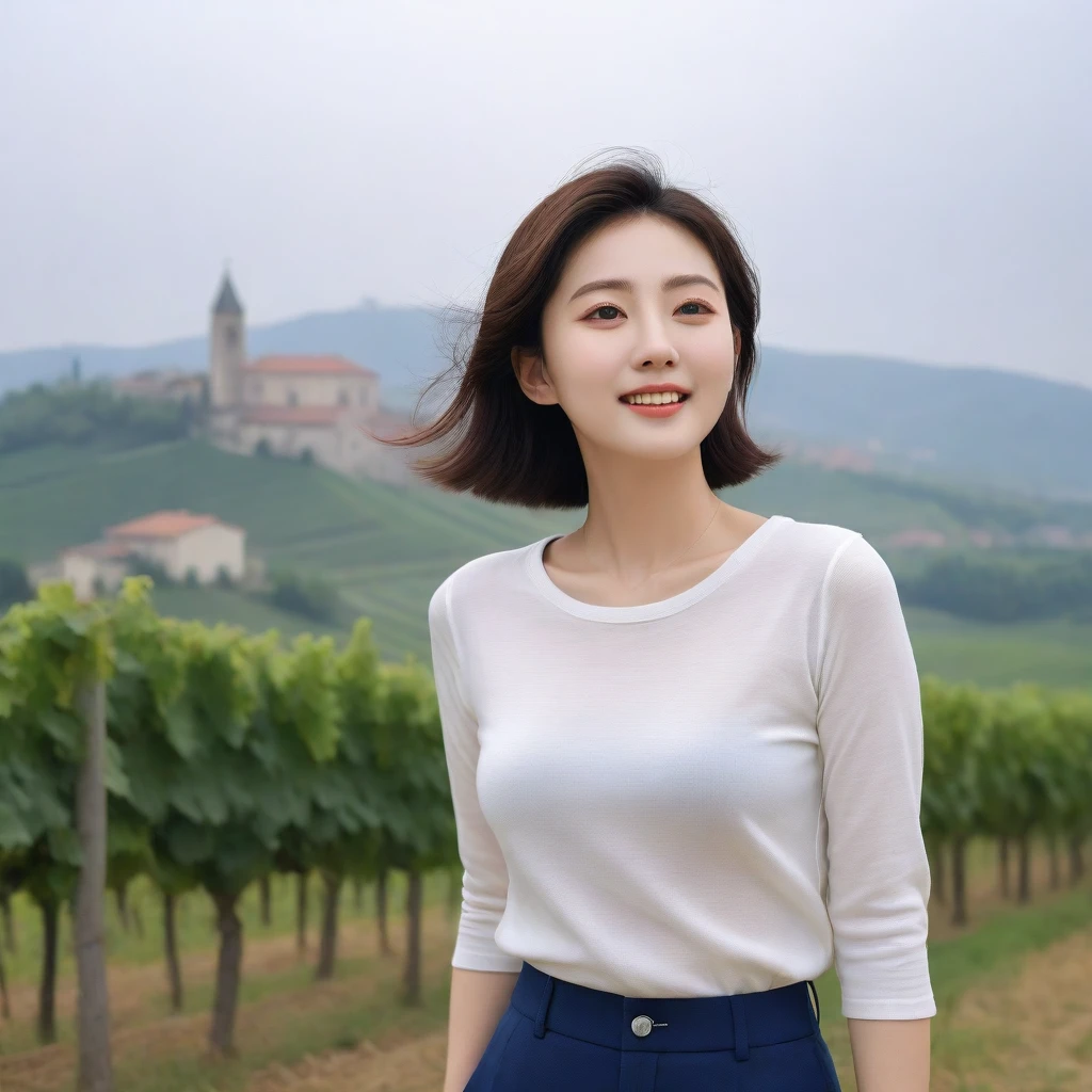 k Best picture quality, Beautiful 36-year-old Korean woman, You have good skin and big and pretty eyes... clear and nice weather. Chest size 34 inches, italian countryside, past the vineyard, A cathedral can be seen in the fog in the distance.., The back background is realistic and vivid quality., Short and medium hair blowing in the wind, Wearing a white shirt under a knit that covers your luxurious chest. casual pants, laugh. the background is clear, Short and slim Korean woman, stand far away, Photo taken with a wide-angle lens, One woman with big and pretty eyes, eyes are round and big.
