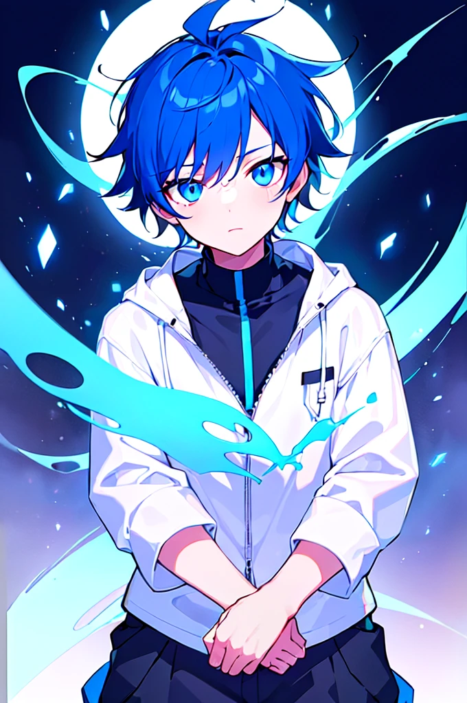 [(ATMOSPHERE BACKGROUND:1.5),::5], ((((masterpiece)))), high quality, ultra very high resolution, full color, (((solo))), ((little boy)), oriental Blue hair, (oriental blue eyes), anime, ((upper body)), neon light, black parka, 