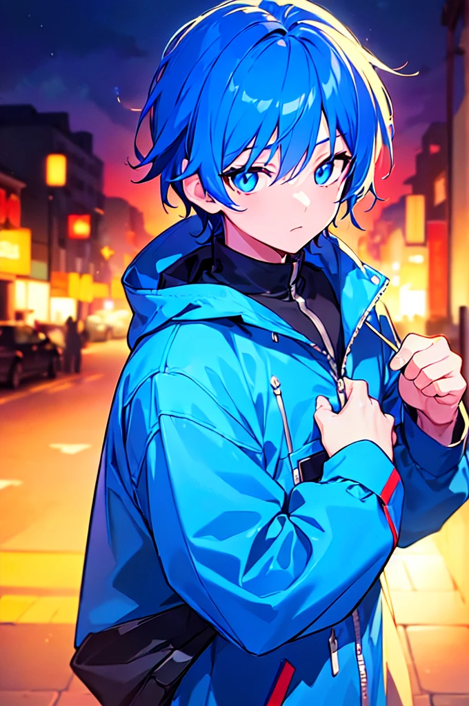 [(ATMOSPHERE BACKGROUND:1.5),::5], ((((masterpiece)))), high quality, ultra very high resolution, full color, (((solo))), (( boy)), oriental Blue hair, (oriental blue eyes), anime, ((upper body)), neon light, black parka, 