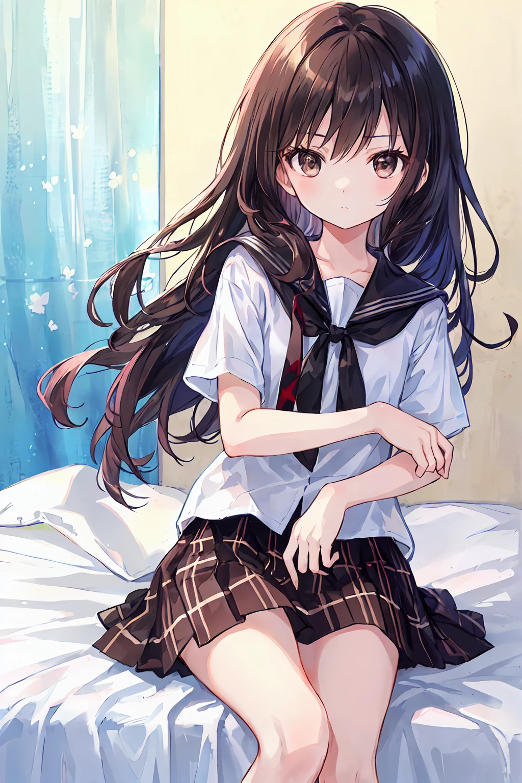 (child)，Highest quality，Beautiful face in every detail，cute，Dark brown eyes，(背の低いcute女の子，Little young student，Young and delicate girl）,（masterpiece，Highest quality)，Black Hair，Sleepy look，Short sleeve white shirt，Plaid white skirt，Pitiful，Pitiful，Pitiful，Underwear visible