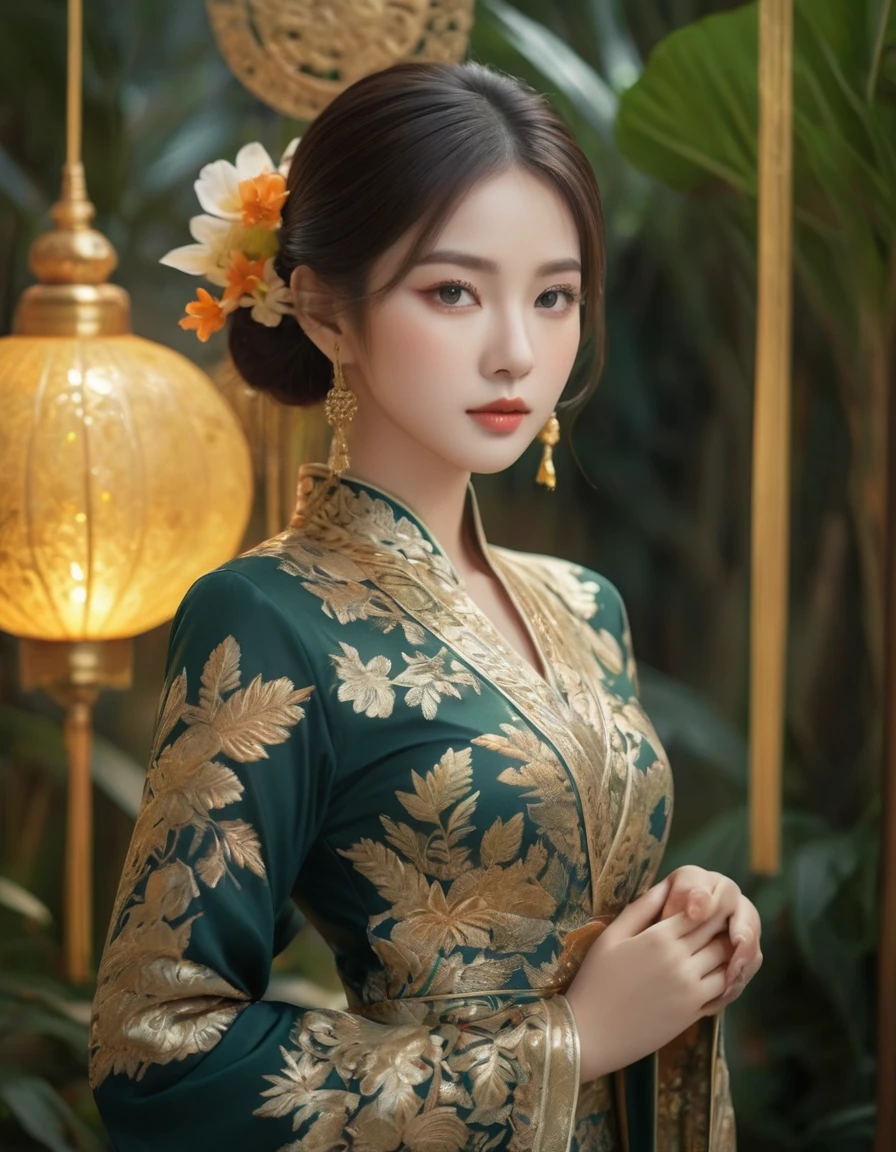 beautiful detailed eyes, beautiful detailed lips, extremely detailed eyes and face, long eyelashes, 1 girl, asian woman, wearing traditional kebaya dress, graceful pose, serene expression, ornate floral pattern, elegant accessories, golden jewelry, lush tropical foliage background, soft lighting, cinematic composition, photorealistic, 8k, high quality, masterpiece