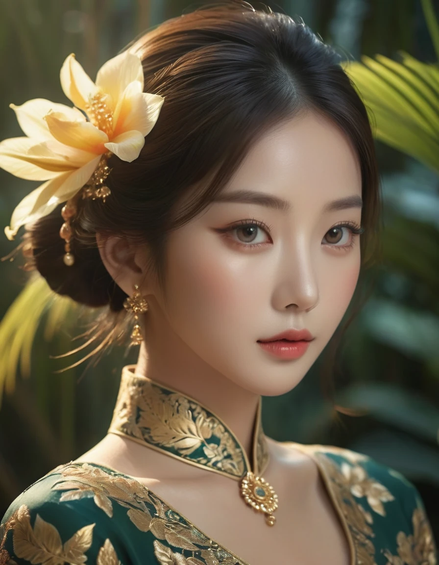 beautiful detailed eyes, beautiful detailed lips, extremely detailed eyes and face, long eyelashes, 1 girl, asian woman, wearing traditional kebaya dress, graceful pose, serene expression, ornate floral pattern, elegant accessories, golden jewelry, lush tropical foliage background, soft lighting, cinematic composition, photorealistic, 8k, high quality, masterpiece