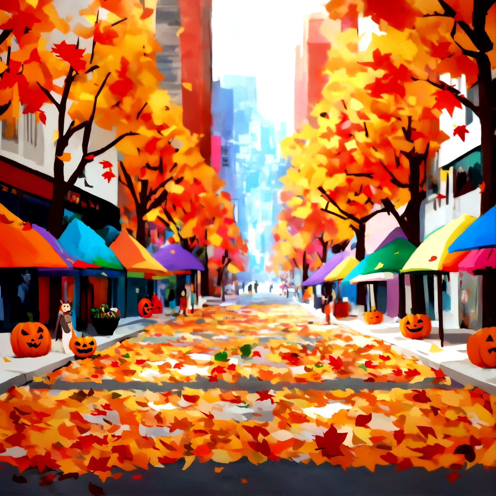 There are many city illustrations with colorful leaves, Korea, alone, In the style of a vivid cartoonist, fall,, Jack O&#39;s Lantern, spices, New York School, Roberto Monsch, Conceptual street art, 50d movie photos, naturalistic representation of flora and fauna, fun cartoons