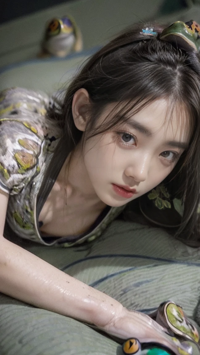 21yo girl, gray hair, (pajama:1.5), (looking down), (prone in down of viewer:1.6), (angle frog eye:1.8), natural medium breast, plump body,single sidelock hairpin blush, modern cinematic lighting, ray tracing, drop shadow wide shot UHD, textured skin, high details, best quality 4K, prone pose, setup face, sad, Grunge style create a photo realistic image that the viewer has never envisioned before,the image should demonstrate extreme creativity,imaginative,bold,inspiring,original in subject,original in style,amazing composition,intricately detailed,absurdly complex.
