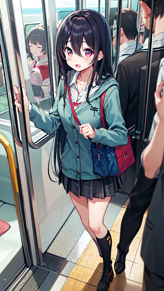 １People Girl、uniform、on the train、Are standing、