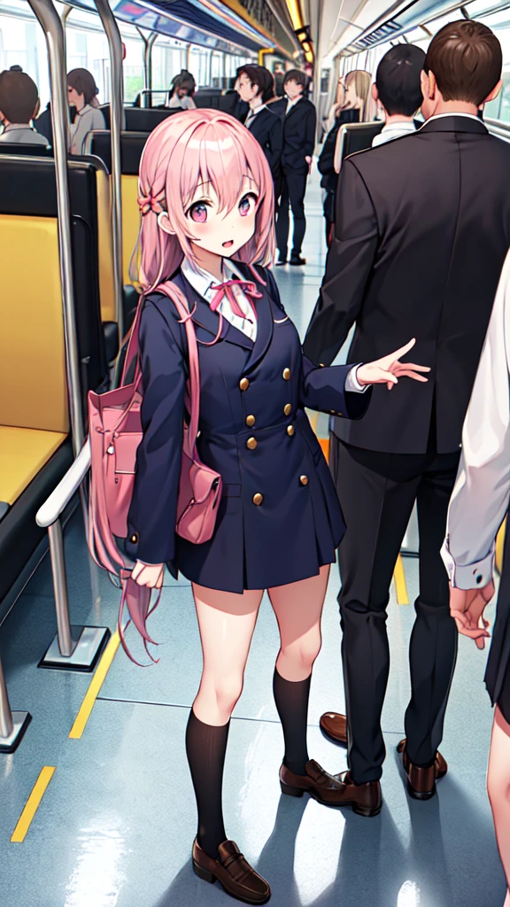 １People Girl、uniform、on the train、Are standing、