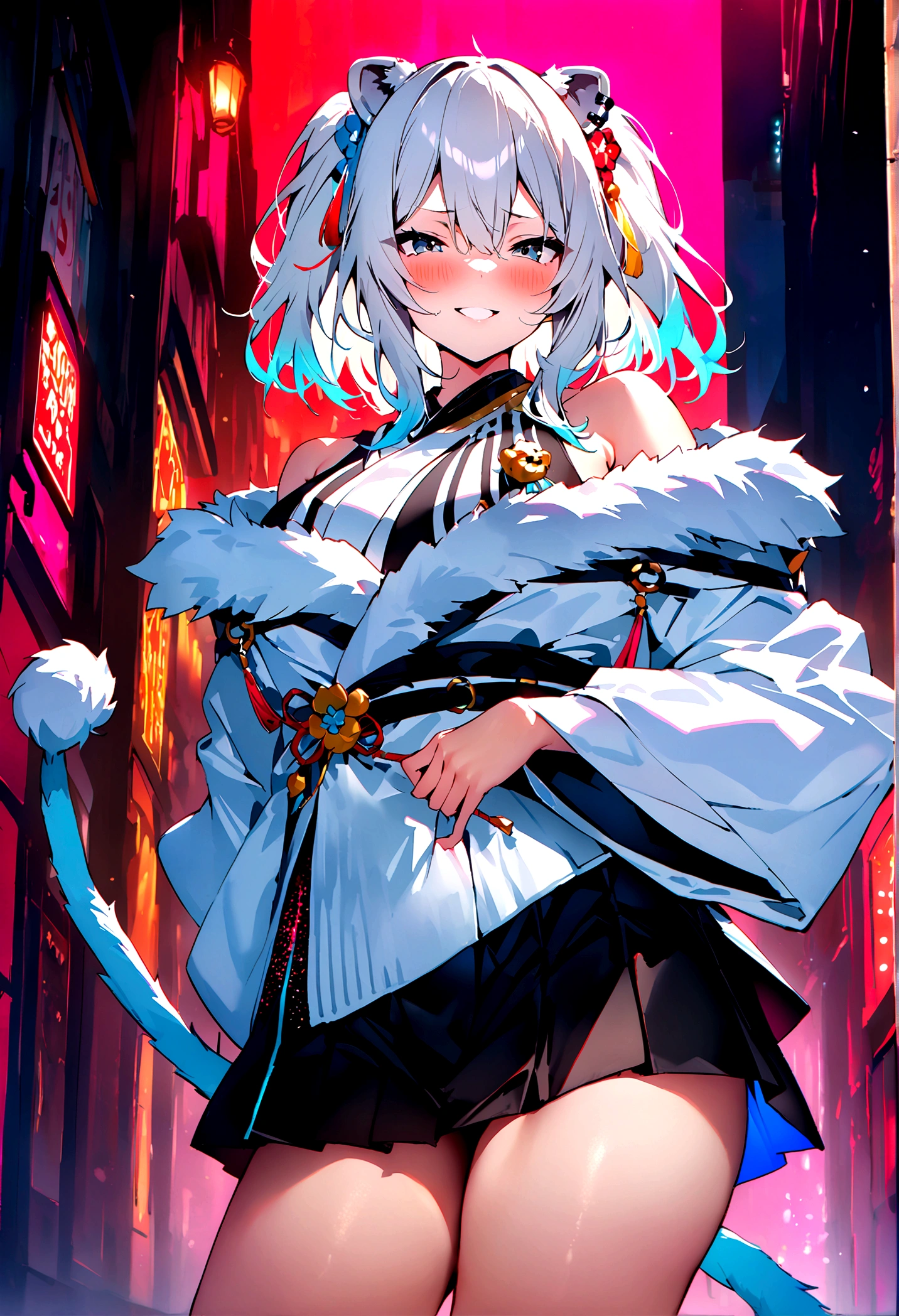 1girl, ahoge, simple background, black bow, black legwear, purple eyes, bow closed mouth, hair bow, haori highres, japanese clothes, kimono long sleeves, skirt, short skirt, looking at viewer, obi white hair sash, short hair, short kimono, solo standing, full body, thigh-highs wide sleeves, high detail, detailed eyes, hdr, 8k, ultra realistic, nsfw, (beautiful detailed eyes), (detailedlight), ((intricate detail)), (highres), ((illustration)), (((masterpiece))), ((best quality)), (high resolution)