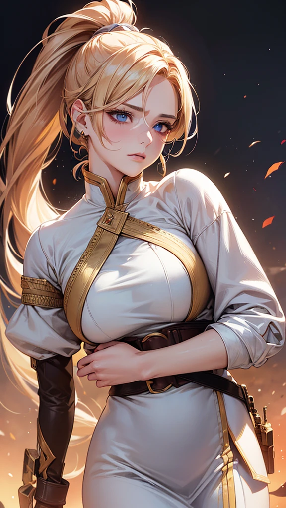 Highest quality, Ultra-high resolution, (Realistic: 1.4), beautiful Eyes, Super beautiful, beautiful, One person、Warrior, Western style, white color、magic、inflammation、whole body、(Golden Hair、ponytail),beautiful Soldier, Eyes that beckon, Droopy eyeistress&#39;s point of view, Attractive look, Fearless smile,  (Perfect Anatomy, Anatomically correct, Highly detailed skin), Dancing, 