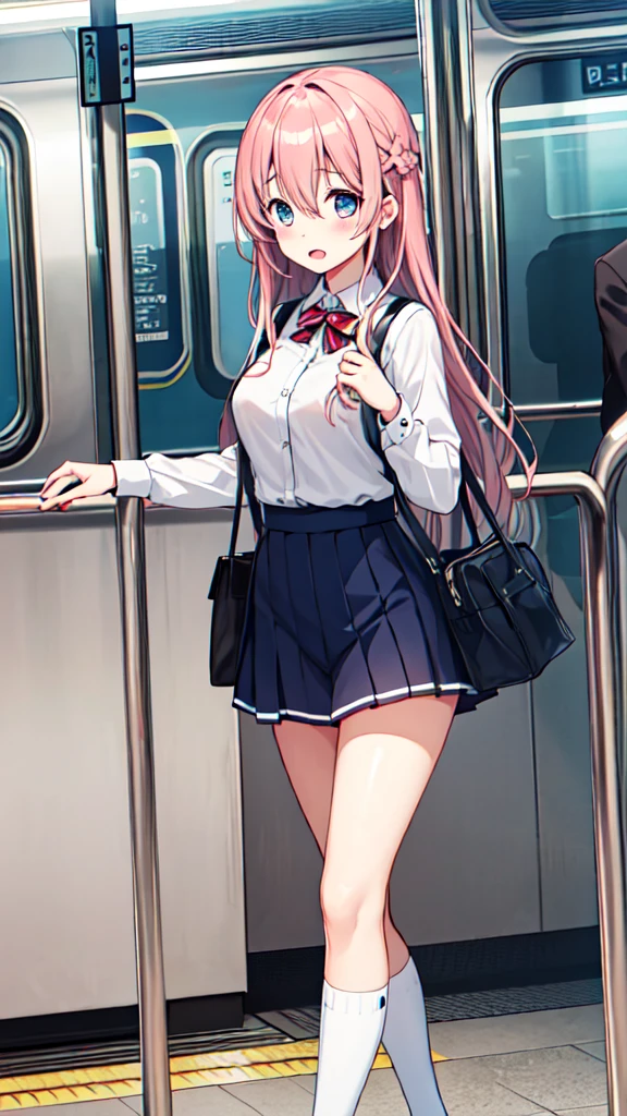 １People Girl、uniform、on the train、Are standing、