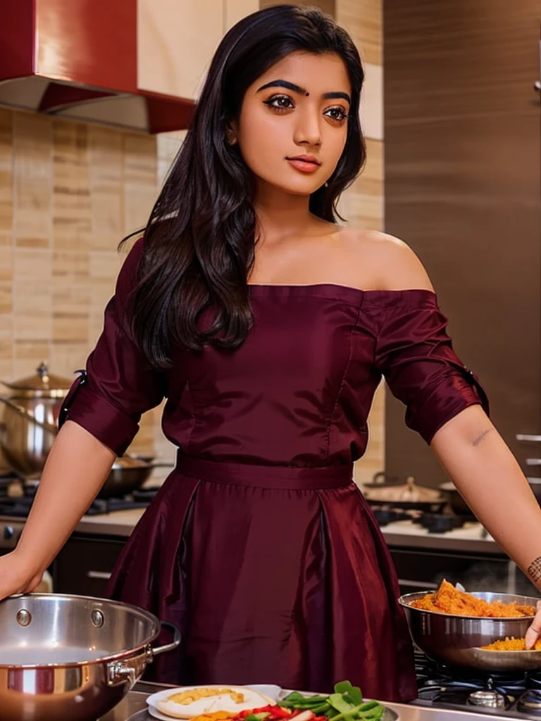 Create a Indian beautiful girl wearing a maroon colour dress, she cooking on royal kitchen And eating food more attracted