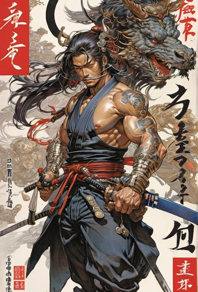 samurai by Masamune Shirow and Takeshi Obata, best quality, masterpiece, Ultra intricate detail, 8k