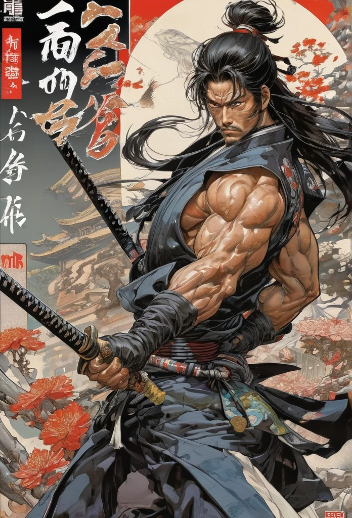 samurai by Masamune Shirow and Takeshi Obata, best quality, masterpiece, Ultra intricate detail, 8k