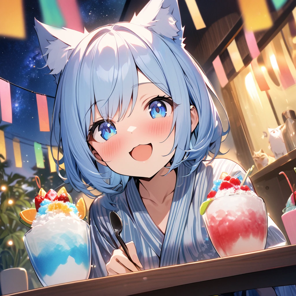 Best quality, masterpiece, Wishing Girl,light blue hair,blue eyes,wolf cut hair,cat ear,smile, looking up at the sky, yukata, Milky Way, night view, Tanabata Festival, large tall bamboos and colorful hanging decoration,gold light particles effect,{{incoming_shaved ice}}, {{feeding}}, holding_spoon, foreshortening,{{blurry_foreground}}, blush, open mouth, head_tilt, upper_body, parfait on the table, table, looking at viewer, pov, perfect anatomy, speech bubble,
