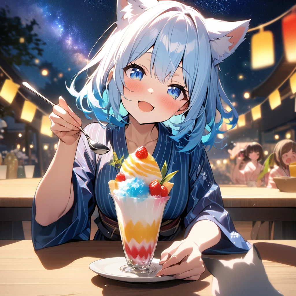 Best quality, masterpiece, Wishing Girl,light blue hair,blue eyes,wolf cut hair,cat ear,smile, looking up at the sky, yukata, Milky Way, night view, Tanabata Festival, large tall bamboos and colorful hanging decoration,gold light particles effect,{{incoming_shaved ice}}, {{feeding}}, holding_spoon, foreshortening,{{blurry_foreground}}, blush, open mouth, head_tilt, upper_body, parfait on the table, table, looking at viewer, pov, perfect anatomy, speech bubble,