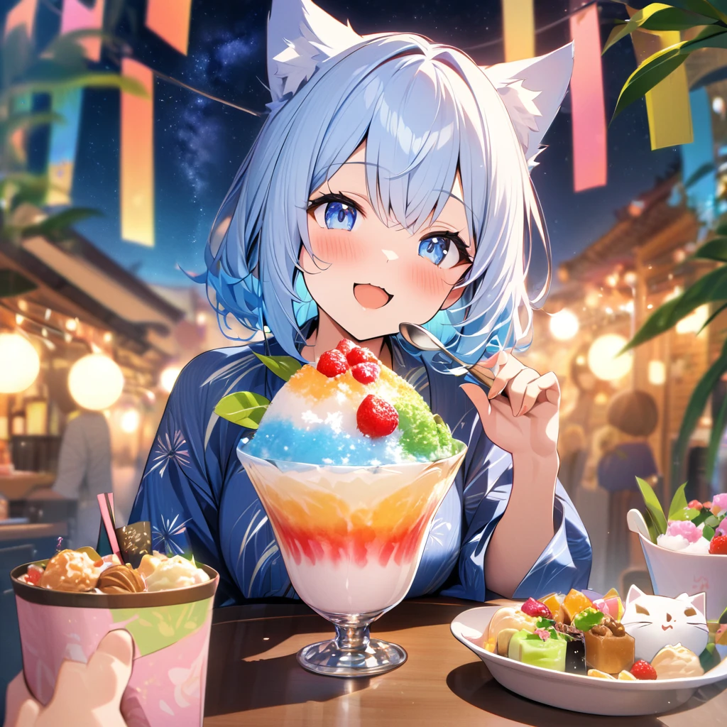 Best quality, masterpiece, Wishing Girl,light blue hair,blue eyes,wolf cut hair,cat ear,smile, looking up at the sky, yukata, Milky Way, night view, Tanabata Festival, large tall bamboos and colorful hanging decoration,gold light particles effect,{{incoming_shaved ice}}, {{feeding}}, holding_spoon, foreshortening,{{blurry_foreground}}, blush, open mouth, head_tilt, upper_body, parfait on the table, table, looking at viewer, pov, perfect anatomy, speech bubble,