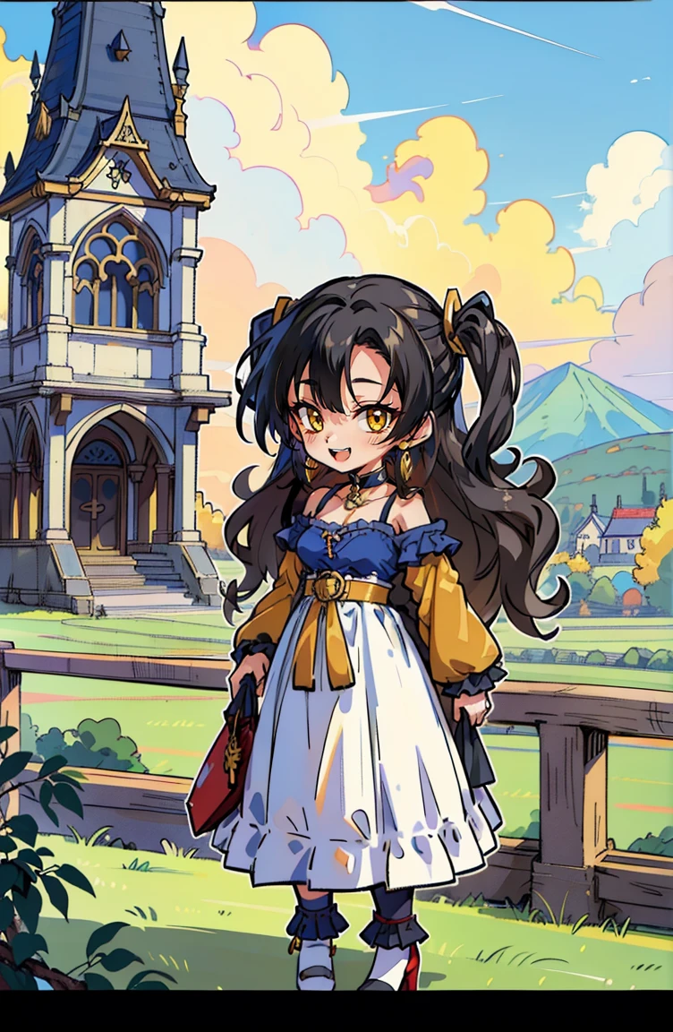 (masterpiece:1.2), (high quality:1.2), (hui xiyi:0.75), rekkyo sensen, rekkyou sensen, (chibi girls:1.45), solo focus, girls with((black hair, tits cleavage, exposed breasts, breasts close up, dress, blue clothes, ribbon belt, off-shoulder sleeves, long sleeves, furry jacket, frills shirt, frills camisole, straps, (rosary choker, golden rosary, cross:1.05), left legwear, high heels, shoes, (long wavy hair, one side up:1.4))), background with ((architecture, blue sky, building, bush, castle, village, no humans, cloud, cloudy sky, day, fence, field, garden, grass, hill, house, lamppost, landscape, mountain, mountainous horizon, nature, no humans, outdoors, scenery, shrine, sky, tower)), cowboy shot, anime, anime style