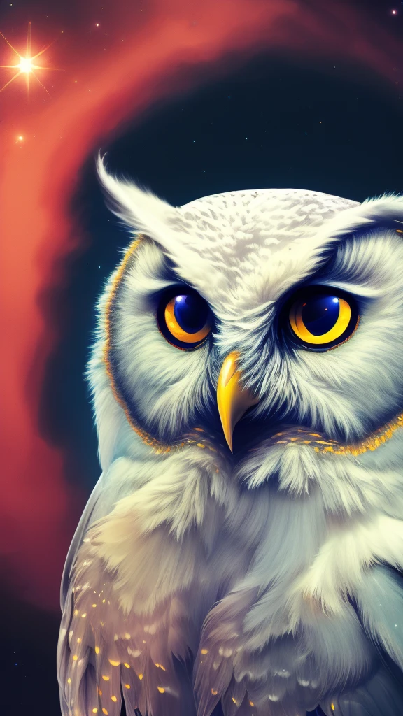 A white owl looking into space, dream-like, High brightness, Bewitched, Gradation, Colorful, Soft Light, Ultra HD, Beautiful fantasy art