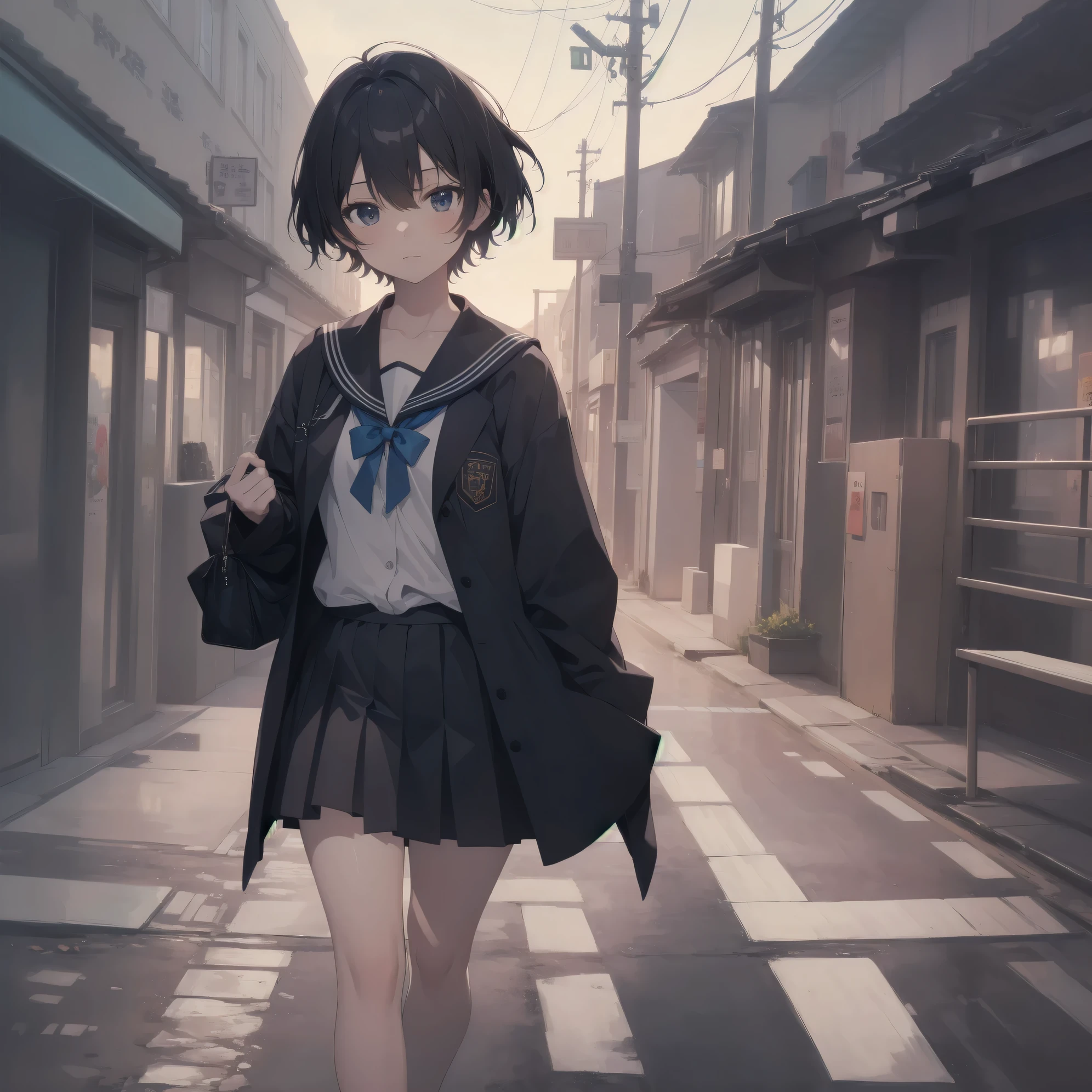 ultra-absurdres-Top quality by artist God, ultra-detailed, high resolution, anime moe artstyle, best anime 8k konachan wallpaper, pixiv contest winner, pool:2810, perfect anatomy,break, 1girl, (Please draw a girl walking sleepily to school alone. )break,(Solo,little female, 13-year-old:1.3),Full limbs, complete fingers,a junior high school student, (very short hair), short cut, flat chest, , small butt, small black eyes, beautiful detailed eyes, well-proportioned iris and pupils, expressive eyes, highres detailed hair, soft expression, salor school_uniform, sailor collar, serahuku, bow, pleated skirt,(Detailed Lighting), (Detailed background), in the School commute route. break,super detailed skin, Best cinematic lighting powered by famous artist, 8k,beauty illustration,photoshop_(medium),very aesthetic,break,((artist:gomashio_(goma_feet) )), artist:clamp ,artist:carnelian ,artist:kantoku ,