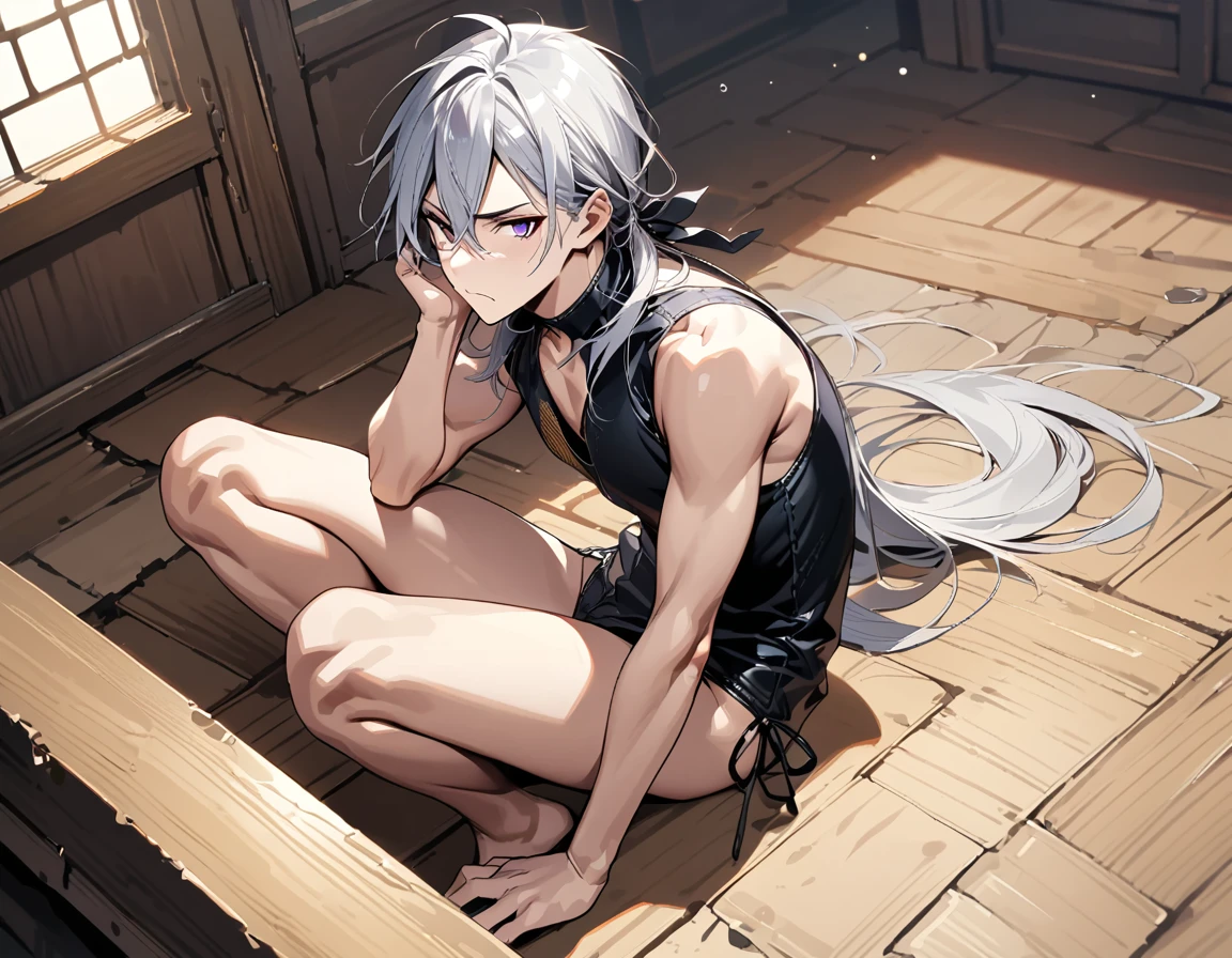 absurdres, highres, ultra detailed, super fine illustration, best quality, 1boy, perfect anatomy, male focus, solo, (dark-skinned:0.8) male, silver hair, long hair, black bikini, bare shoulders, bare arms, bare legs, &lt;lora:_L2090:-0.6&gt; &lt;lora:flat:-0.2&gt;


