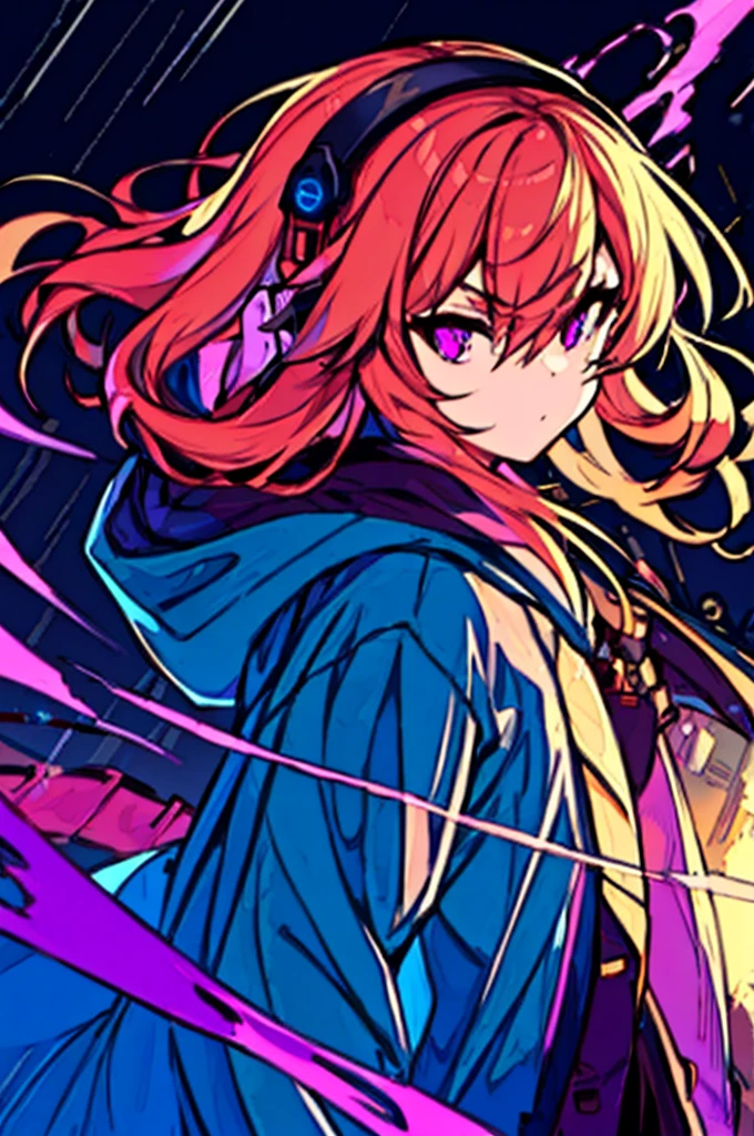 16K, High resolution, RTTX 10.0, Ray Tracing, Neon Lightの明かり, Absurd, Top quality masterpiece, Perfect anatomy and highly detailed face, Fine grain, One young man, alone, Heavy rainy night, A night of record-breaking rain, Sky blue raincoat, Violet Hoodie, Wear a raincoat, とても深いfog, Wear the hood deeply, Wearing a robe, Gaming headphones, Put the headphones around your neck, Large headphones, 非常にLarge headphones, Beautiful Hair, Brown eyebrows, Golden eyebrows, Modest eyebrows, inconspicuous eyebrows, Orange eyebrows, Eyebrows are brown, Eyebrows are modest, Light Hair Color, Cut Hair, very beautiful, Edgy, nice, Evil Aura, Very windy, Glowing Eyes, Rage, Deep hatred, dystopian city, Futuristic, Detailed Background, Awards, Neon Light, Blood splatter, fog, Talked about at the art station