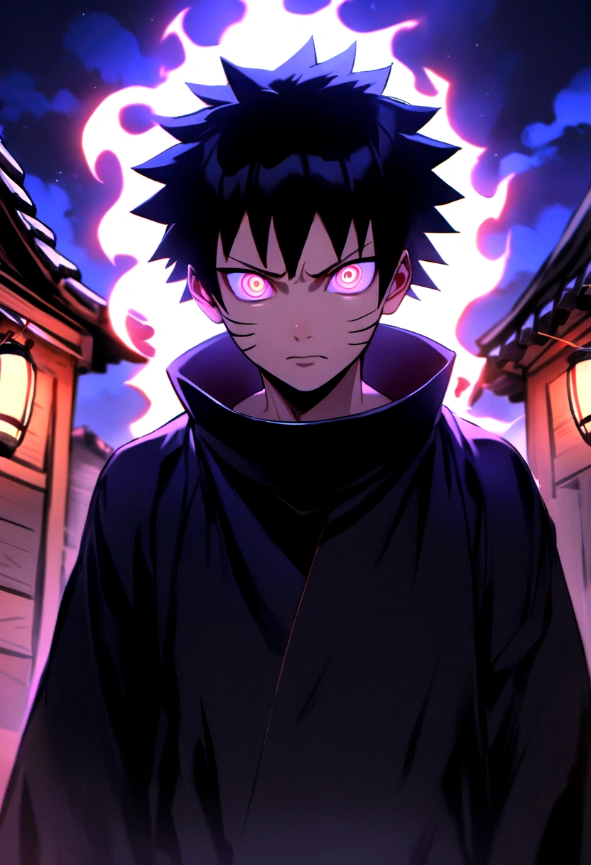  a full-body photo shot of a majestic, little Naruto ( ************),a dark style with Japanese cultural elements. The image should feature reflective lighting that highlights Naruto's gorgeous, highly detailed eyes as he looks directly at the viewer. The composition should be perfect, with sharp 8K focus capturing every intricate detail. Depict Naruto in an angry state, standing alone in the village background. Surround him with an aura and visible energy emanating from his body, enhancing the sense of power and intensity in the scene