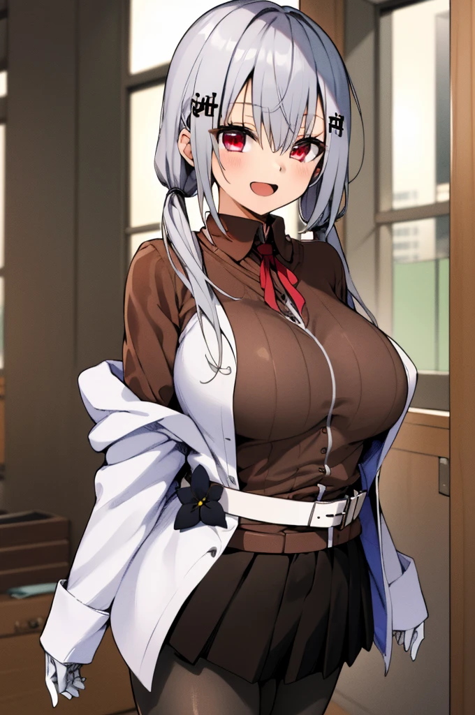 masterpiece, best quality, highres, hmhy1,silver hair, low twintails, hair ornament,huge breasts, red ribbon, collared shirt, sweater, labcoat, open clothes, off shoulder, long sleeves, flower, belt, white gloves, pleated skirt, black pantyhose, cowboy shot, indoor,looking viewer,smile,open mouth