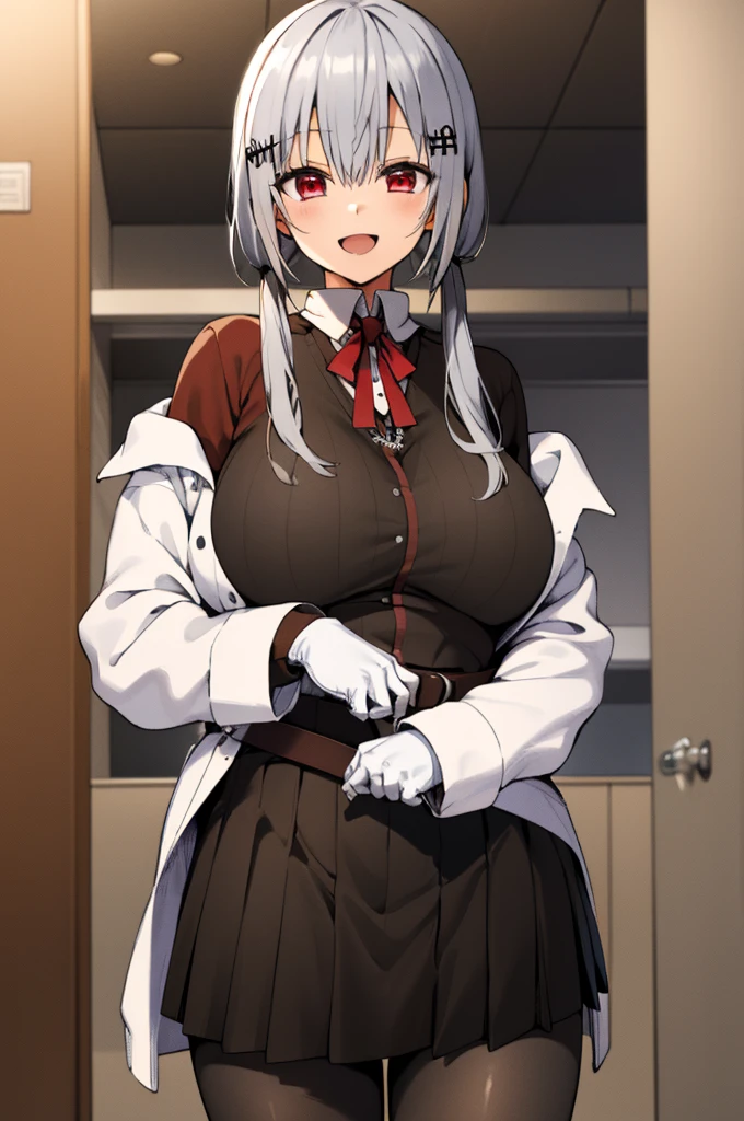 masterpiece, best quality, highres, hmhy1,silver hair, low twintails, hair ornament,huge breasts, red ribbon, collared shirt, sweater, labcoat, open clothes, off shoulder, long sleeves, flower, belt, white gloves, pleated skirt, black pantyhose, cowboy shot, indoor,looking viewer,smile,open mouth