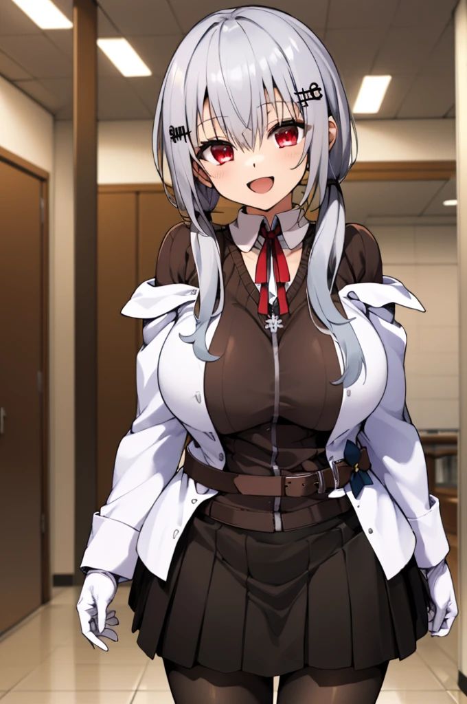 masterpiece, best quality, highres, hmhy1,silver hair, low twintails, hair ornament,huge breasts, red ribbon, collared shirt, sweater, labcoat, open clothes, off shoulder, long sleeves, flower, belt, white gloves, pleated skirt, black pantyhose, cowboy shot, indoor,looking viewer,smile,open mouth