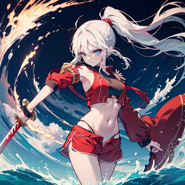 1 girl、Mature、Ample breasts、White Hair、Long Hair、Blue Eyes、ponytail、ハイponytail、Braid、Red costume、Shoulder Bare、Belly button、Shorts、Bewitching lol、Holding a sword、Ready for battle、evening、Ocean、On the boat、High resolution、Highest quality