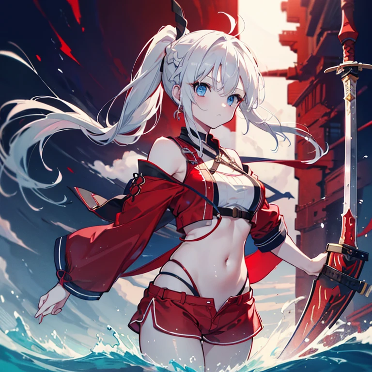 1 girl、Mature、Ample breasts、White Hair、Long Hair、Blue Eyes、ponytail、ハイponytail、Braid、Red costume、Shoulder Bare、Belly button、Shorts、Bewitching lol、Holding a sword、Ready for battle、evening、Ocean、On the boat、High resolution、Highest quality