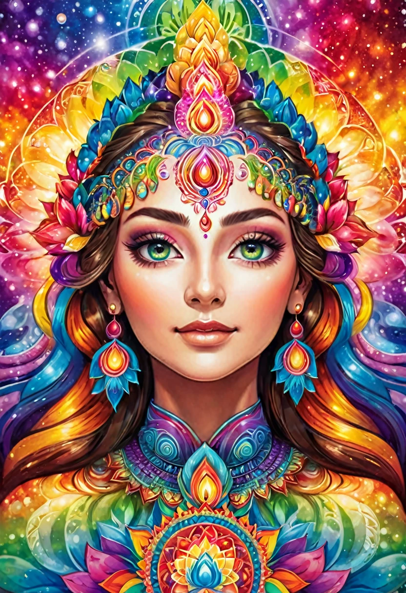 Connecting with the universe, an intense light of inspiration falls on your forehead, a grand vision, the chakras above your head are shining, rainbow colored light, mandala