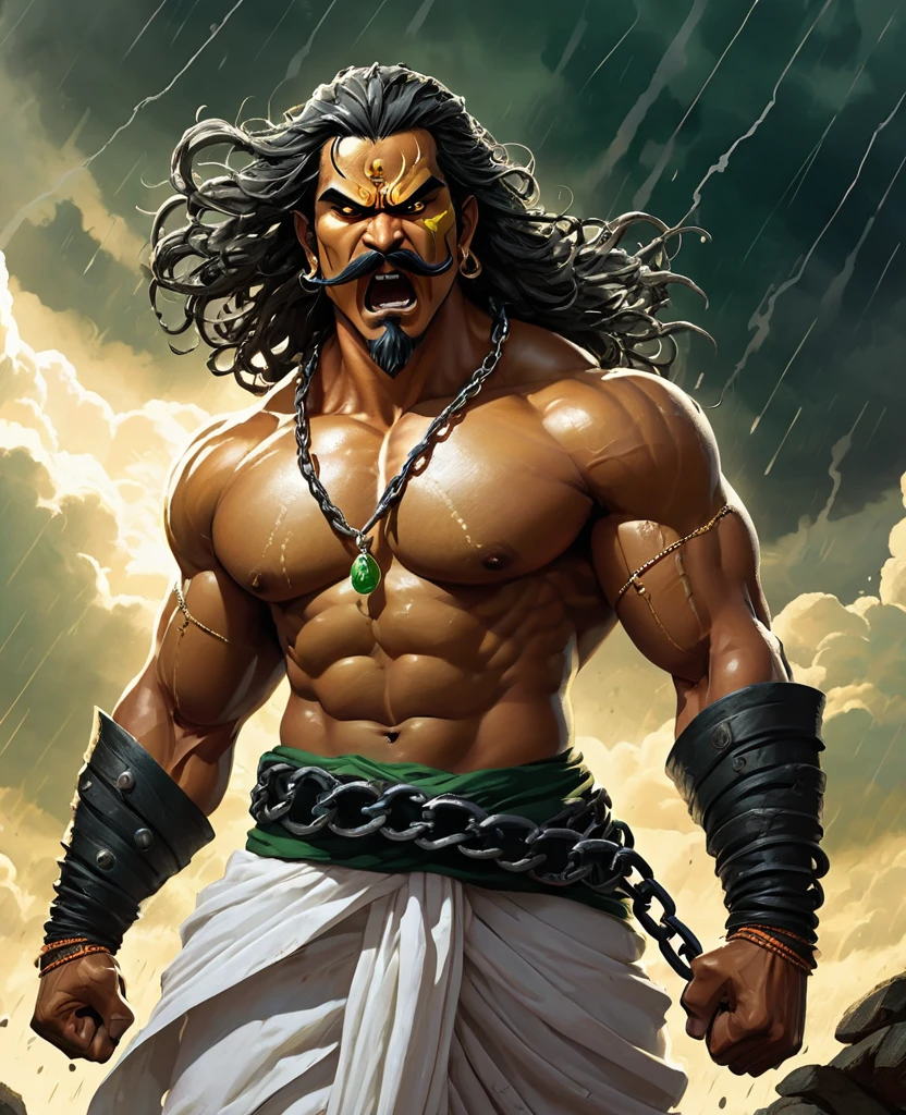 A striking, visually captivating illustration of a powerful Maratha (shouting:1.5) power up pose, power stance, as green is prisionner warrior standing tall amidst dark clouds and heavy rain. His muscular, drenched body is adorned with massive long continuous shakles and black chains at his arms, hips, and legs, while his glowing yellow eyes and fierce determination exude strength. With perfect facial features, a long handlebar mustache, and flowing drenched hair, he shouts in anger as he pulls the chains with immense strength. The golden hour's light illuminates him from behind, casting a dramatic rim light on his bulky frame, and the stormy atmosphere intensifies the dark fantasy scene. Clad in a white traditional dhoti-like pants and a torn white robe, the warrior's immense size and the gathering clouds create a mesmerizing visual experience that is both vibrant and cinematic, blending elements of painting, poster, and fashion into a concept, vibrant, poster, fashion, illustration, cinematic, painting, dark fantasy art by greg rutkowski