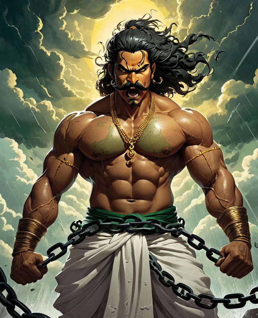 A striking, visually captivating illustration of a powerful Maratha (shouting:1.5) power up pose, power stance, as green is prisionner warrior standing tall amidst dark clouds and heavy rain. His muscular, drenched body is adorned with massive long continuous shakles and black chains at his arms, hips, and legs, while his glowing yellow eyes and fierce determination exude strength. With perfect facial features, a long handlebar mustache, and flowing drenched hair, he shouts in anger as he pulls the chains with immense strength. The golden hour's light illuminates him from behind, casting a dramatic rim light on his bulky frame, and the stormy atmosphere intensifies the dark fantasy scene. Clad in a white traditional dhoti-like pants and a torn white robe, the warrior's immense size and the gathering clouds create a mesmerizing visual experience that is both vibrant and cinematic, blending elements of painting, poster, and fashion into a concept, vibrant, poster, fashion, illustration, cinematic, painting, dark fantasy art by greg rutkowski 